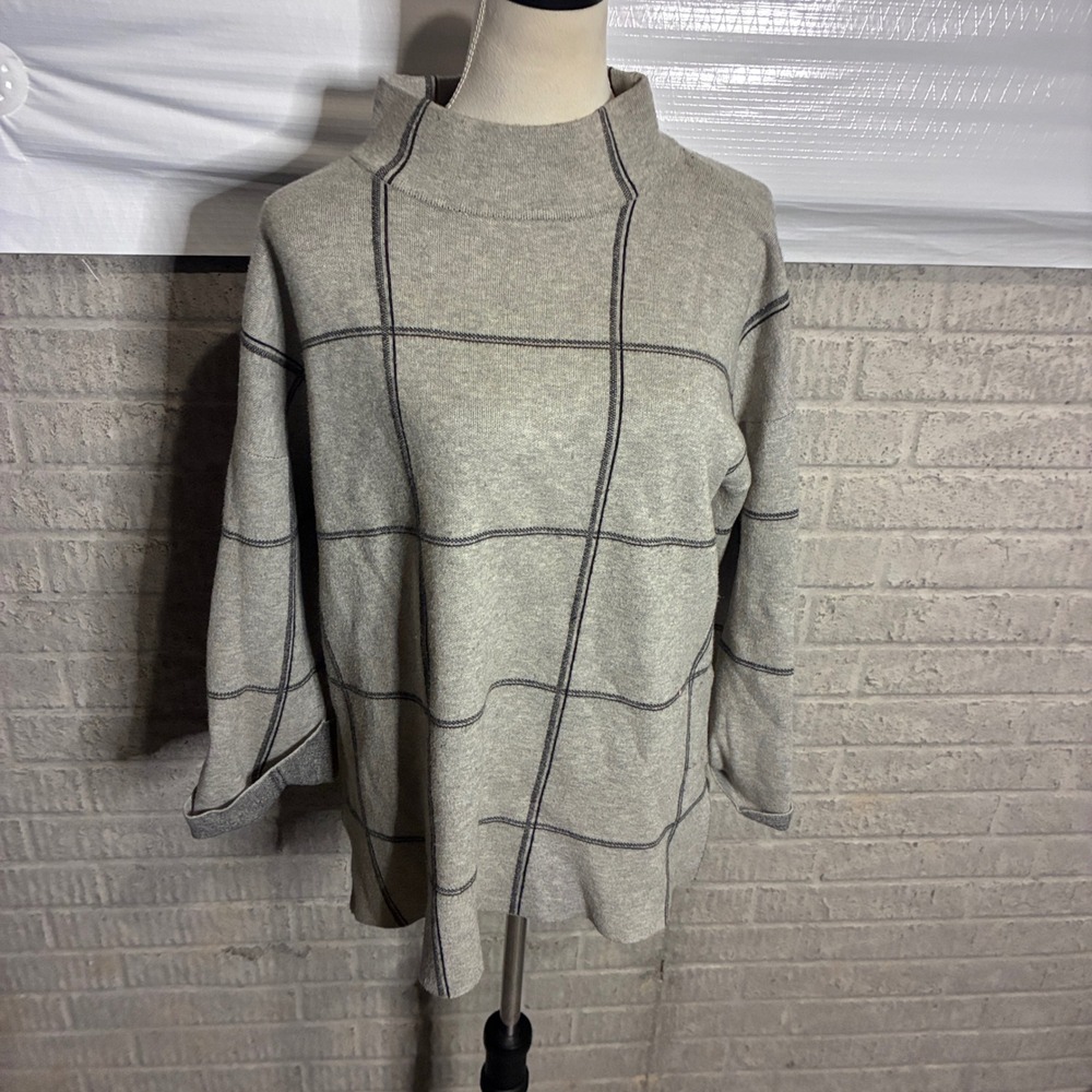 Tahari Womens XL Grey Windowpane Plaid Mock Neck Knit Sweater Long Sleeve